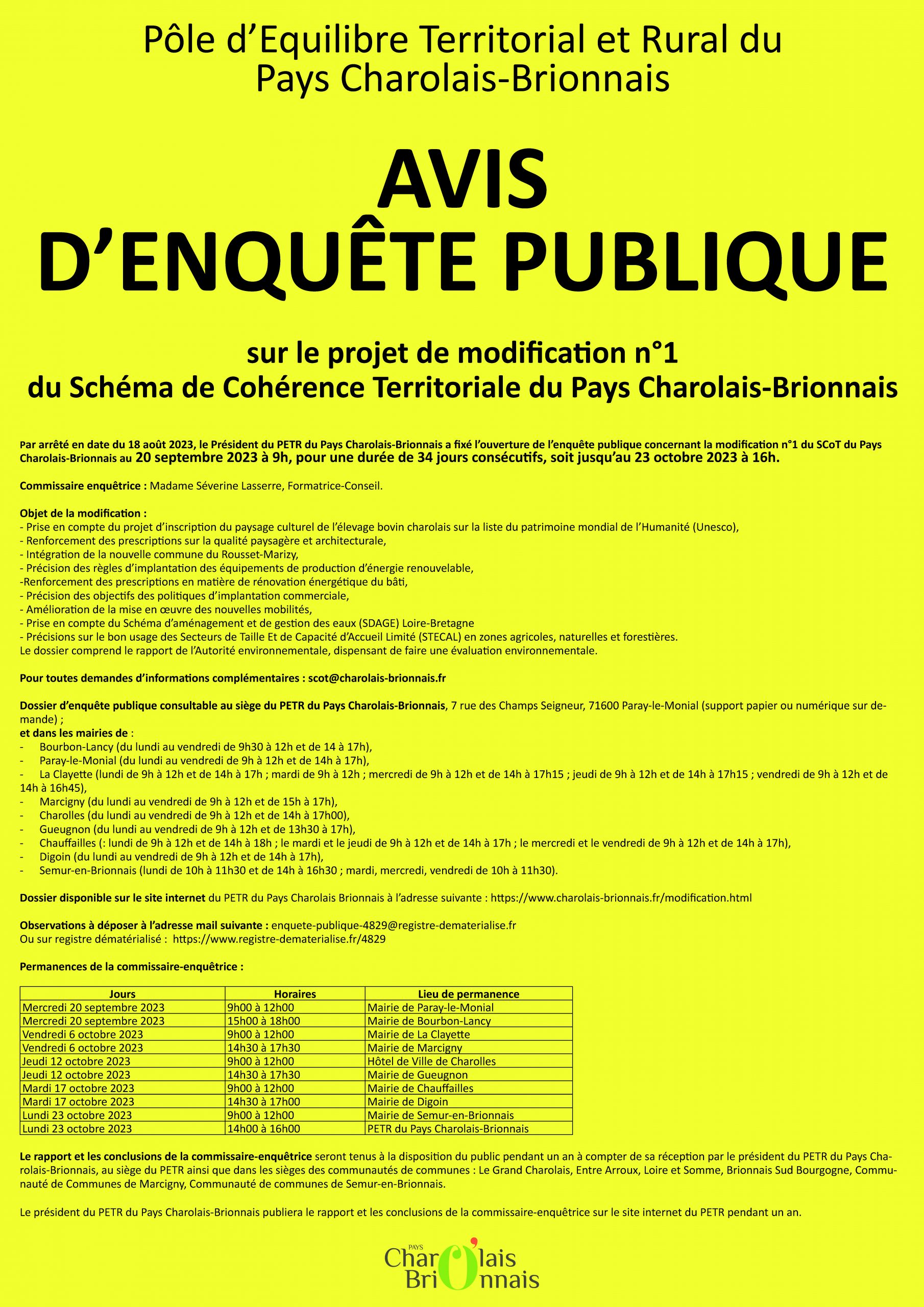 Avis d enquête publique projet de modification n1 du SCT du Pays